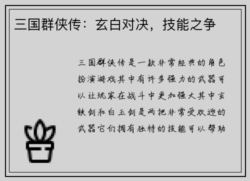 三国群侠传：玄白对决，技能之争